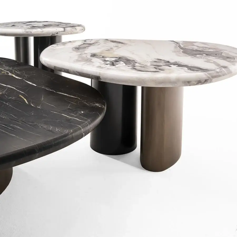 Elegant Zanaboni Cloud coffee table with precious marble top and dual-leg system in brushed black metal and cloudy silver finish