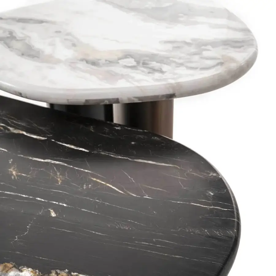 Superior Zanaboni Cloud coffee table with swirling grey and white gold veined marble tops in brushed black metal and cloudy silver finish