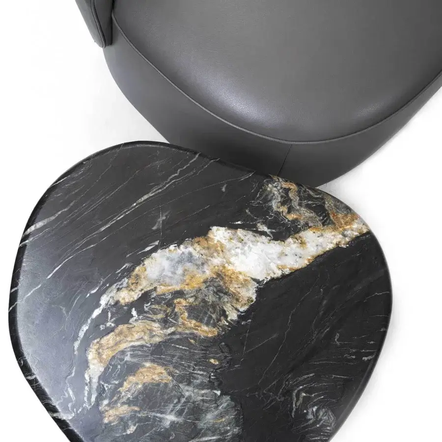 Lavish Zanaboni Cloud coffee table with a black base and swirling gold veined marble top in a matte medium-gray finish