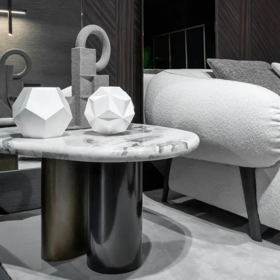 Superior Zanaboni Cloud coffee table with precious marble and striking grey veining in brushed black metal and cloudy silver finish