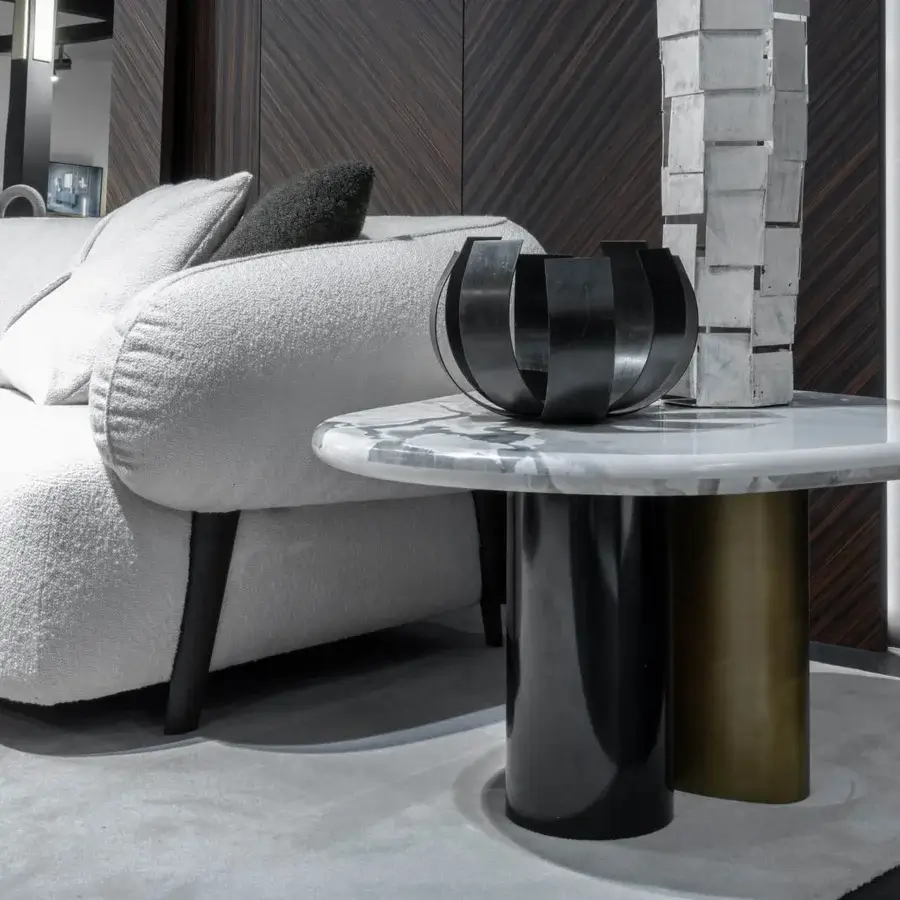 Elegant Zanaboni Cloud coffee table with precious marble displaying grey veining and polished finish crafted in Italy