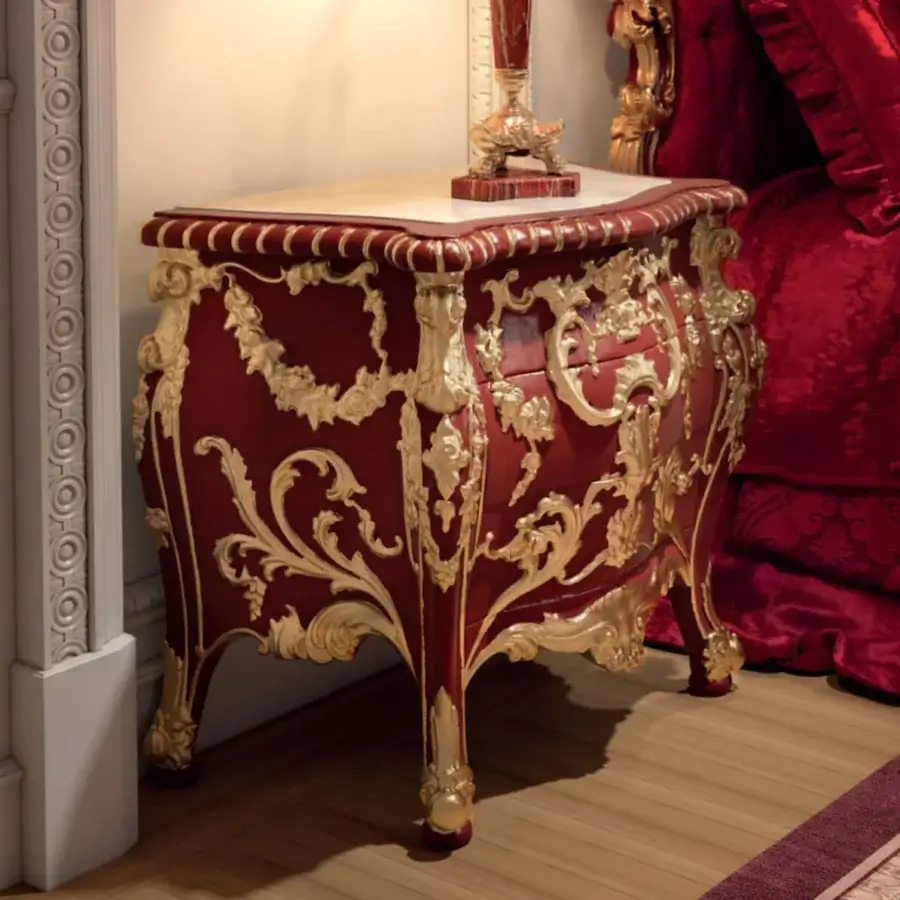 Distinguished Armando Rho A1370 nightstand crafted in solid beech wood with deep red antique finish and luminous marble top