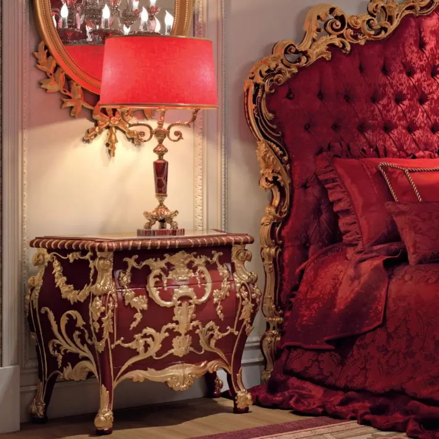 Exquisite Armando Rho A1370 nightstand crafted in solid beech wood with luminous marble and opulent gold leaf accents in deep red antique finish
