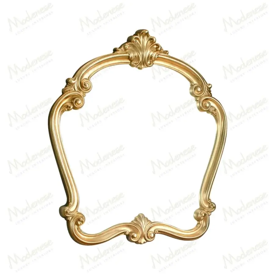 Distinguished Modenese Royal Blend Baroque mirror crafted with glossy golden metal, ornate floral motifs and scrolling patterns