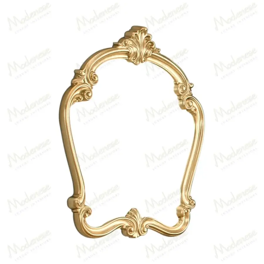 Lavish Modenese Royal Blend Baroque mirror crafted in wood with a glossy golden finish, exhibiting floral motifs