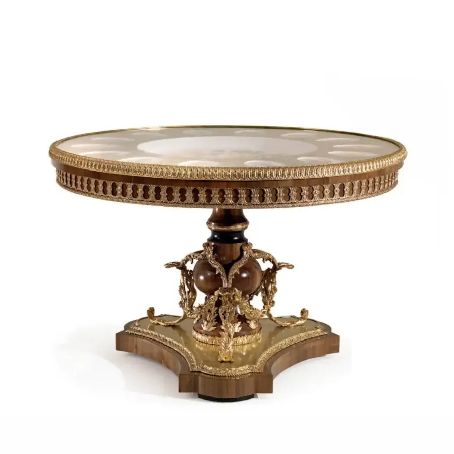 Lavish Armando Rho A1436 foyer table crafted in walnut wood with hand-chiseled bronze and hand-painted floral ceramics