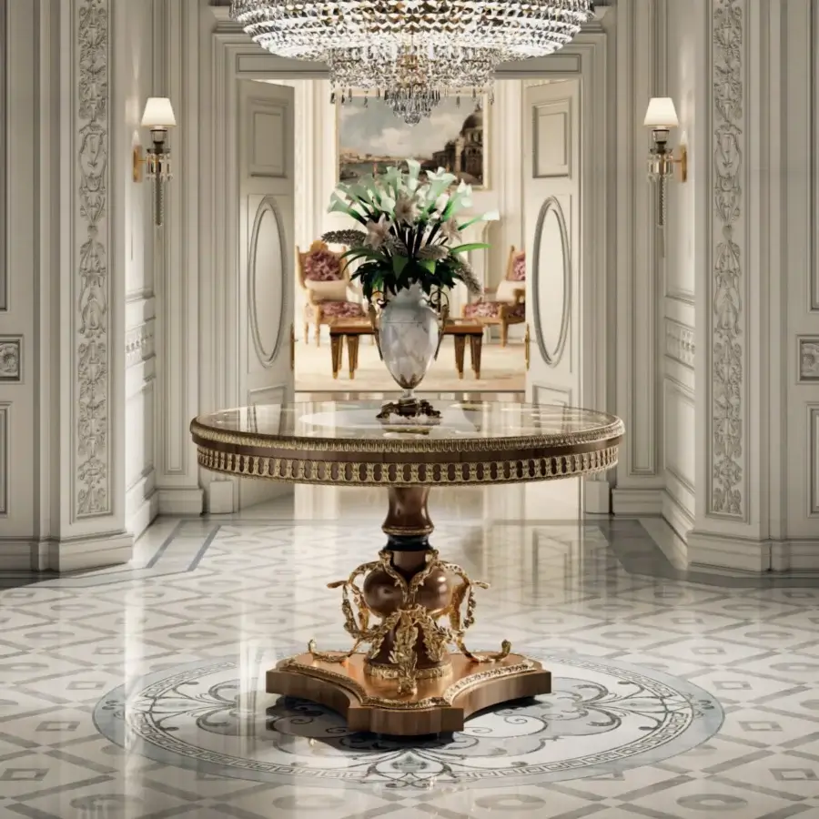 Distinguished Armando Rho A1436 foyer table crafted in walnut wood with a hand-chiseled bronze tabletop and hand-painted floral ceramics in gold