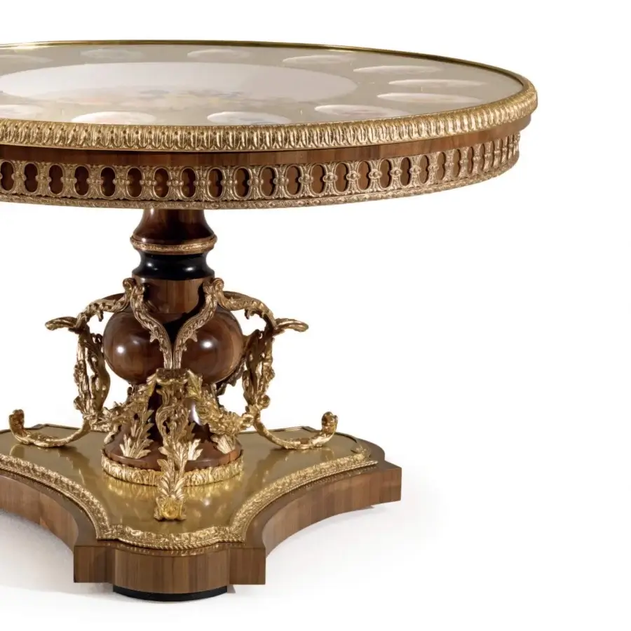 Exquisite Armando Rho A1436 foyer table crafted in walnut wood with hand-chiseled bronze and hand-painted floral ceramics