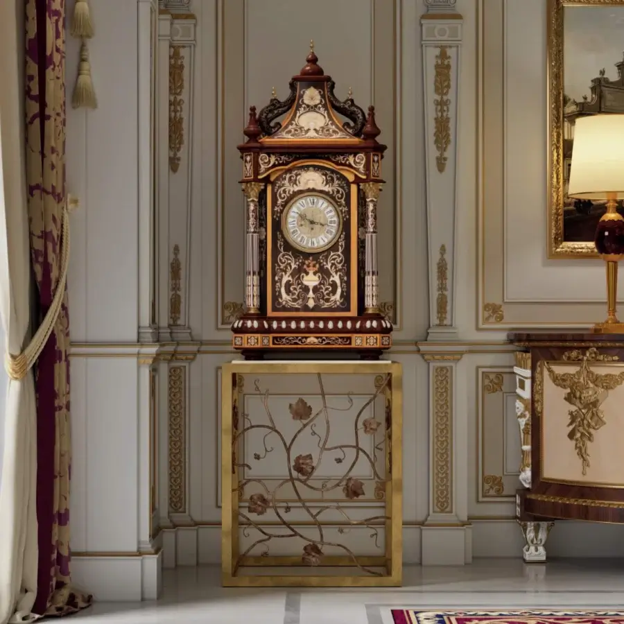 Distinguished Armando Rho A1427 clock crafted in California walnut burl with gilded accents and a noble marble top
