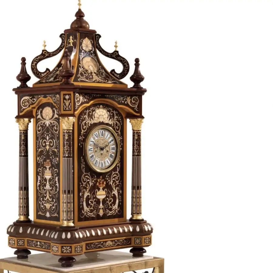 Superior Armando Rho A1427 clock crafted in California walnut burl with gilded metal accents and intricate floral motifs with glossy finish