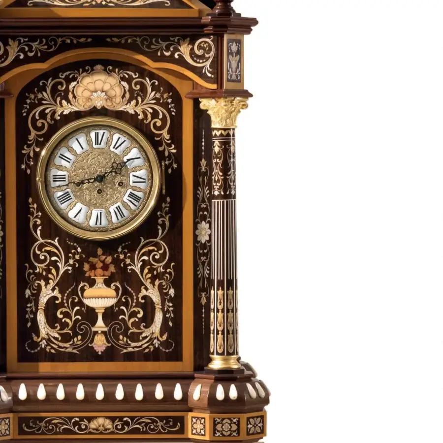 Exquisite Armando Rho A1427 clock handcrafted in California walnut burl with gilded detailing and noble marble
