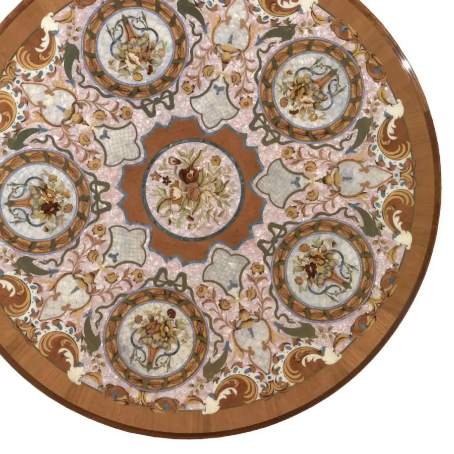 Distinguished Armando Rho A1390 foyer table crafted in cherry wood and walnut Persian burl with mother of pearl inlays and satin brass accents