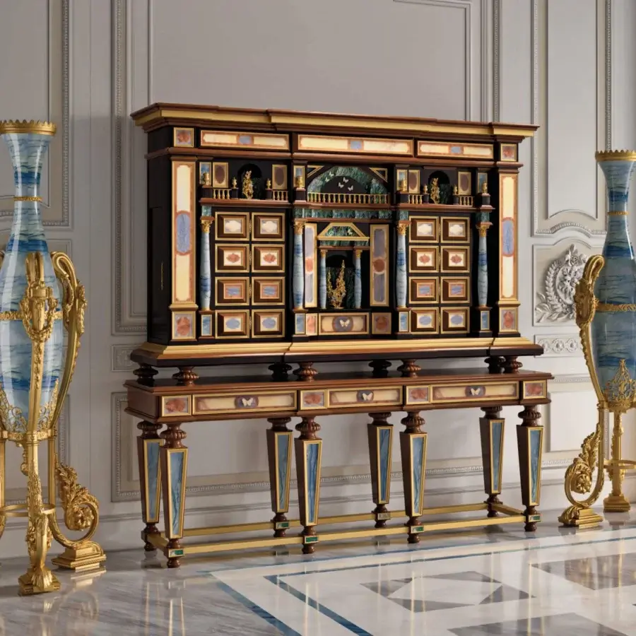 Distinguished Armando Rho A1399 cabinet crafted in ebony amara with gilded ormolu, marble inserts of Azul Macaubas, Rosso Verona, and White Onyx, gloss finish