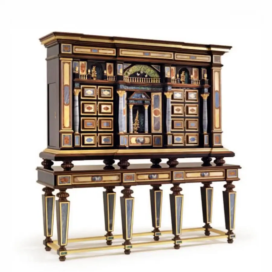 Exquisite Armando Rho A1399 cabinet crafted in ebony amara with marble inserts and gold leaf ormolu details