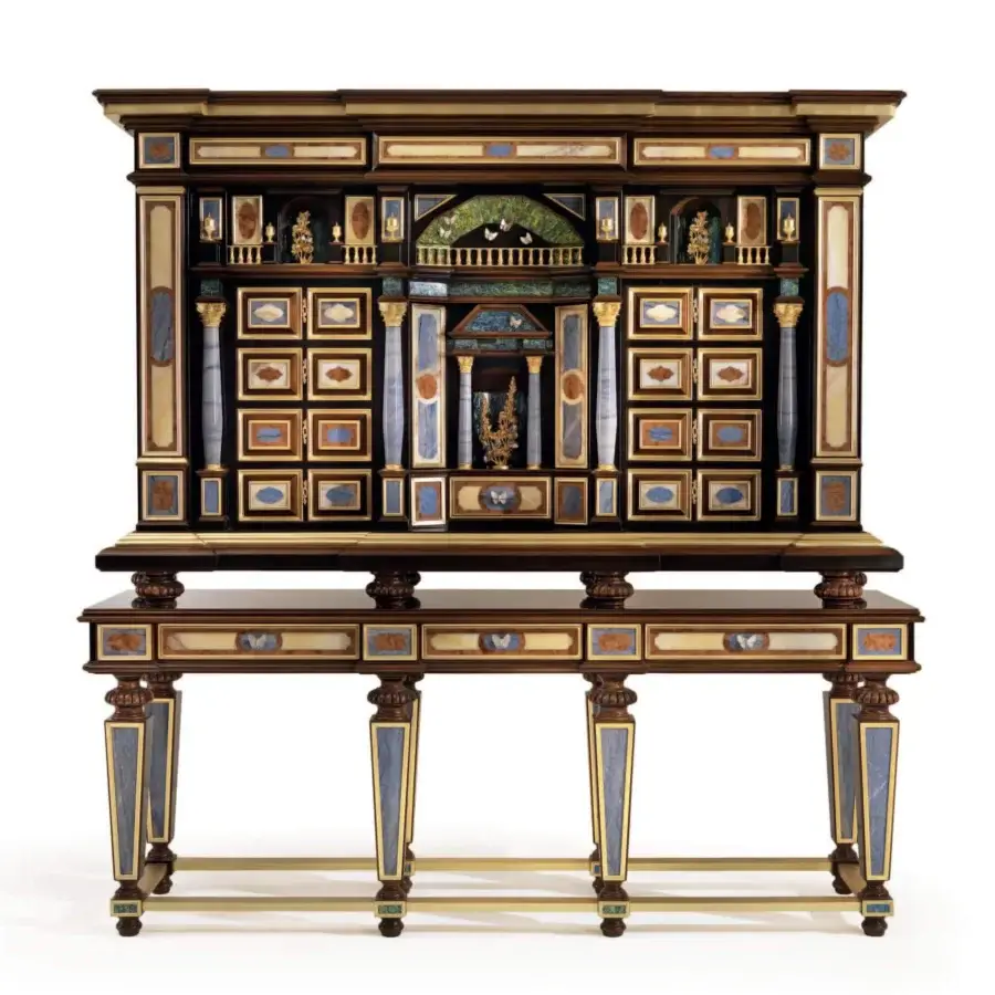 Heritage Armando Rho A1399 cabinet crafted in ebony amara with marble inserts and gilded ormolu details