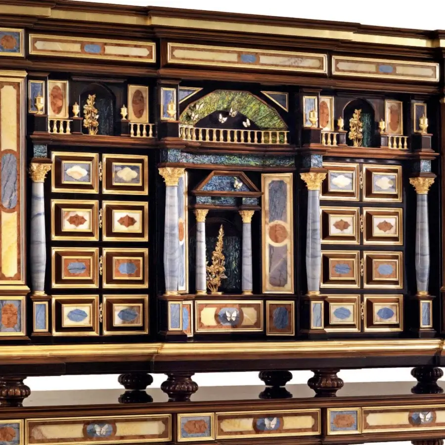 Lavish Armando Rho A1399 cabinet crafted in ebony amara with luminous mother-of-pearl and Azul Macaubas marble accents