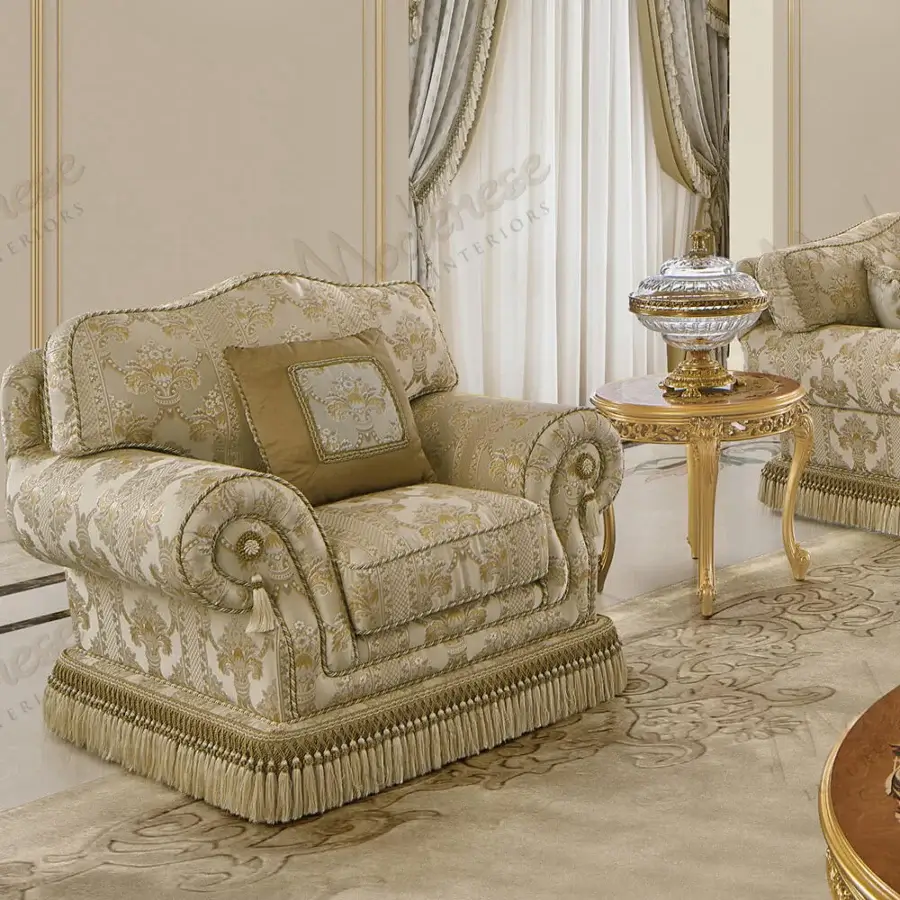 Exceptional Modenese Royal Blend lounge chair with lavish gold and cream upholstery plus olive-green cushion and tassel fringe