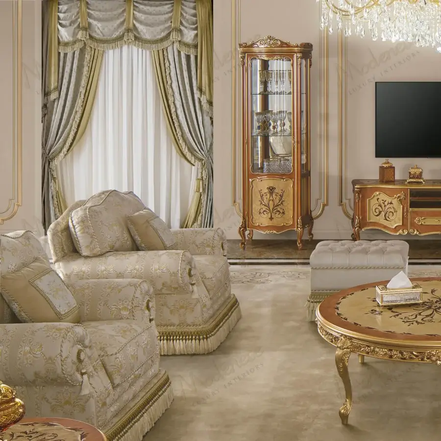 Lavish Modenese Royal Blend lounge chair with cream and gold patterned textile and handcrafted tassel fringe detailing