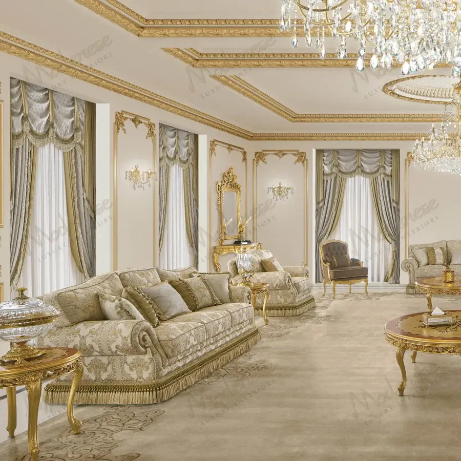 Distinguished Modenese Royal Blend lounge chair with gold and cream patterned upholstery and glossy carved wood frame