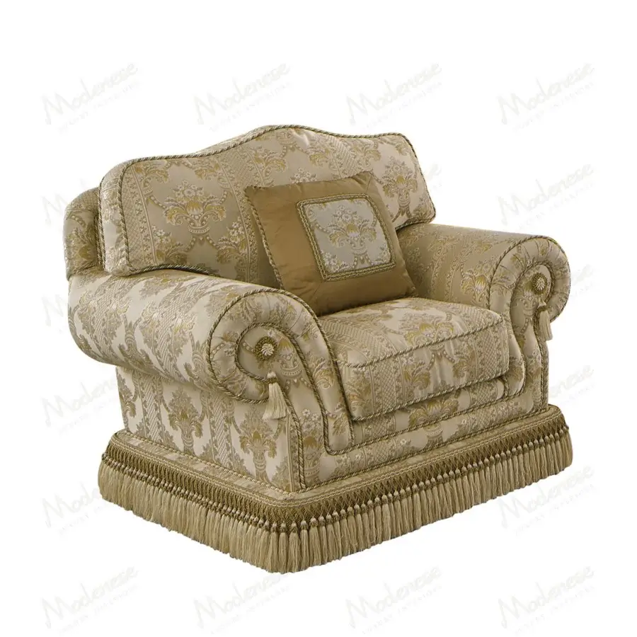 Superior Modenese Royal Blend lounge chair with lavish gold and cream floral textile upholstery and olive green cushions