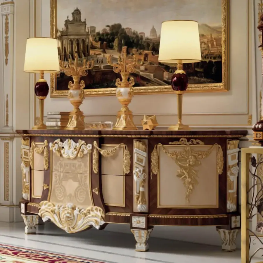 Distinguished Armando Rho A1426 sideboard crafted in rosewood and sycomore frisée with brass inlays and luminous gold leaf ornamentation