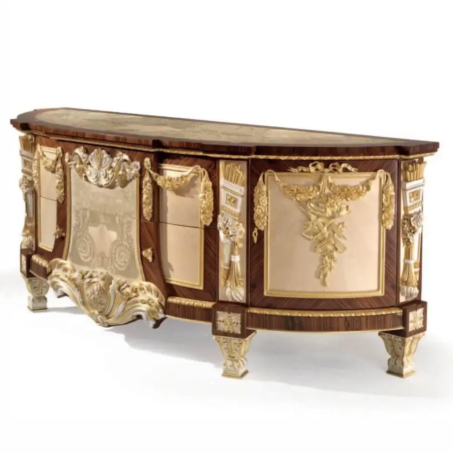 Exquisite Armando Rho A1426 sideboard crafted in rosewood and sycomore frisée with brass inlays and luminous white ceramic ornamentation