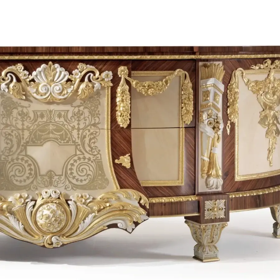 Lavish Armando Rho A1426 sideboard crafted in rosewood and sycomore frisée with delicate brass inlays and gold leaf detailing