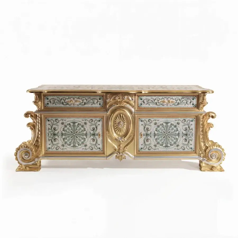 Lavish Armando Rho A1415 sideboard handcrafted in luminous white mother of pearl with light green and gold inlays and gold leaf finish