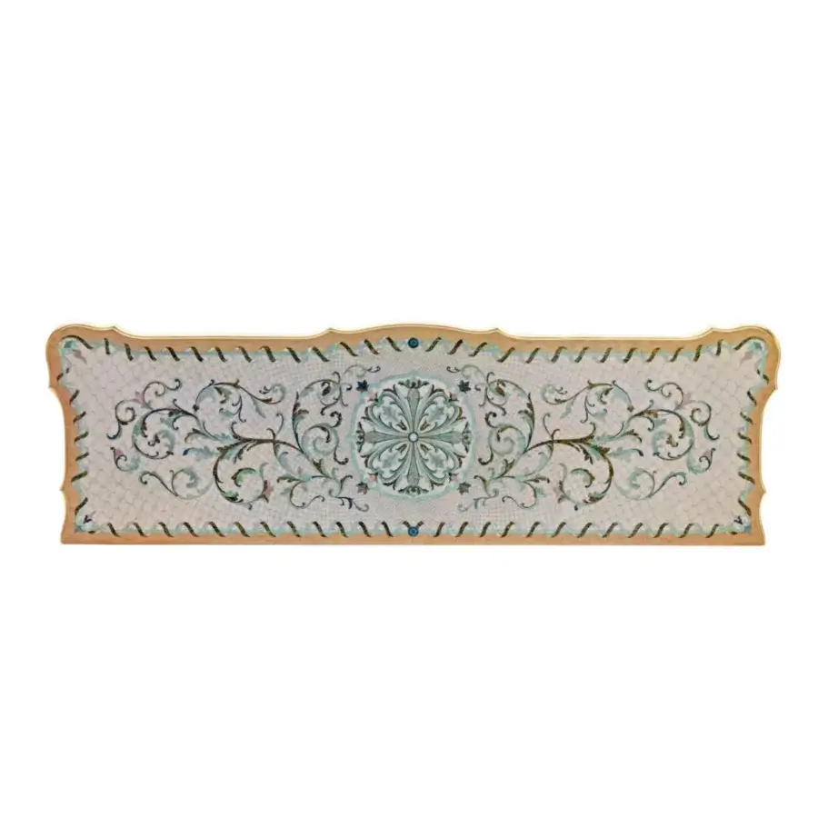 Superior Armando Rho A1415 sideboard crafted in luminous white mother of pearl with refined light green and gold inlays and gold leaf accents