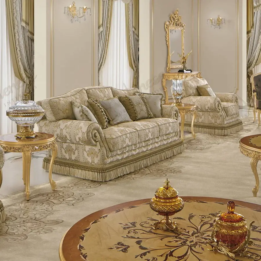 Lavish Modenese Royal Blend sofa with warm beige and olive green fabric exhibiting golden floral patterns and refined gold detailing