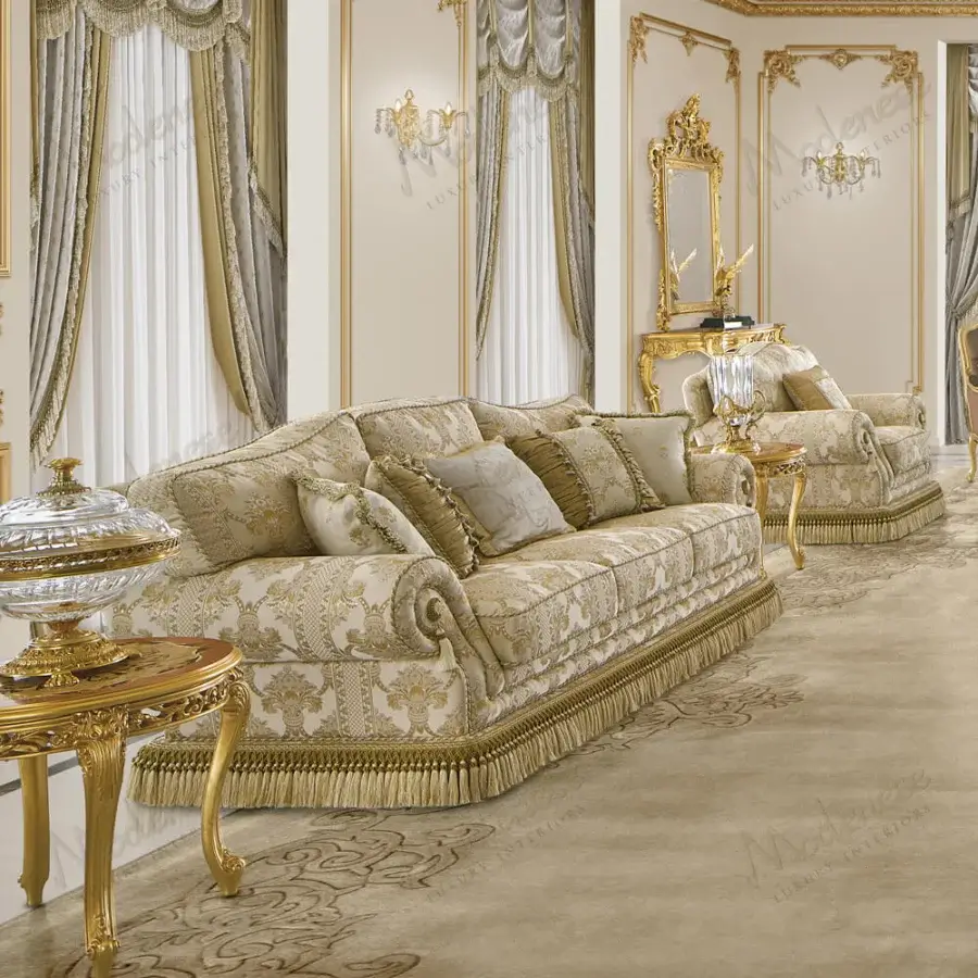 Exquisite Modenese Royal Blend sofa with opulent fabric displaying intricate golden patterns and refined tassel fringe