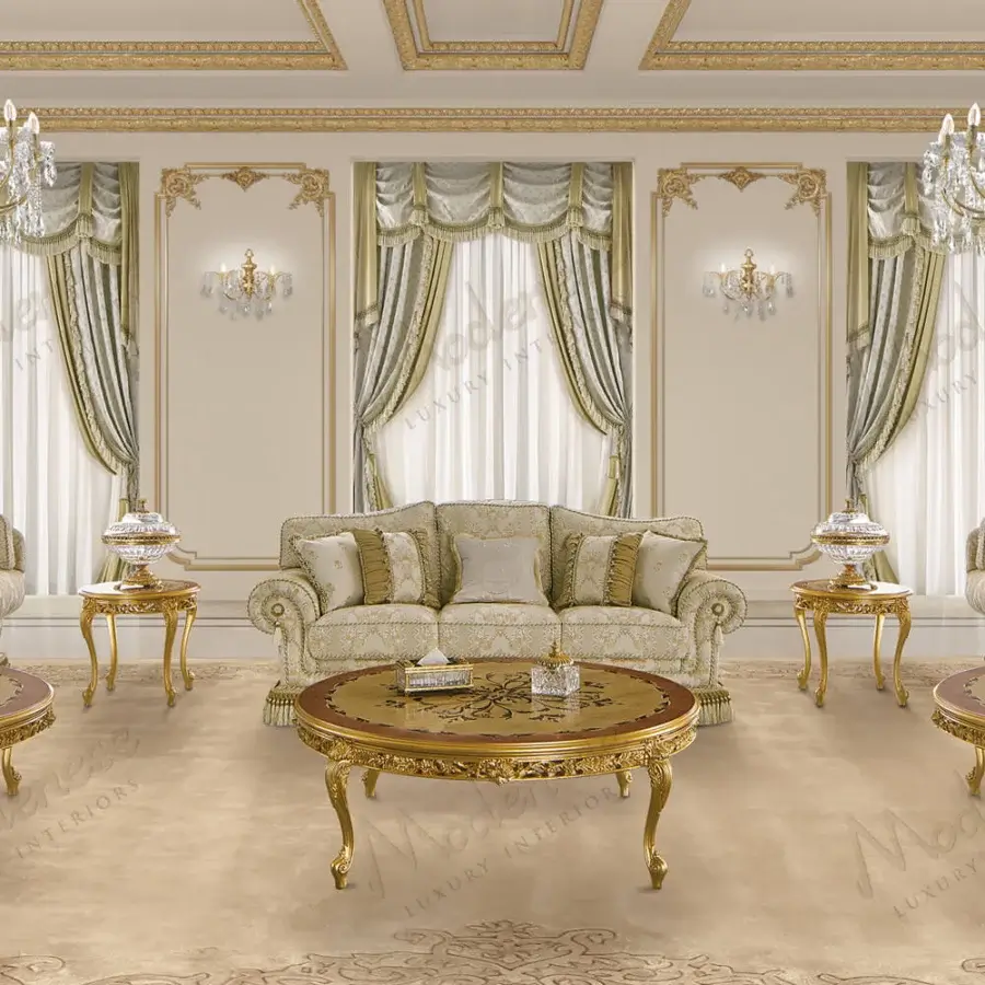 Superior Modenese Royal Blend sofa with light beige fabric displaying golden patterns and tassel fringe detail