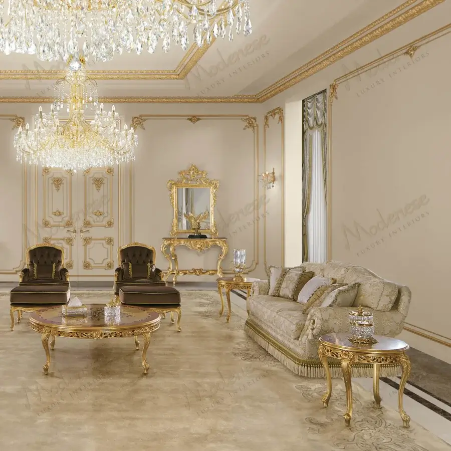 Lavish Modenese Royal Blend sofa with deep brown textile upholstery displaying gold and cream floral motifs with a glossy wood frame
