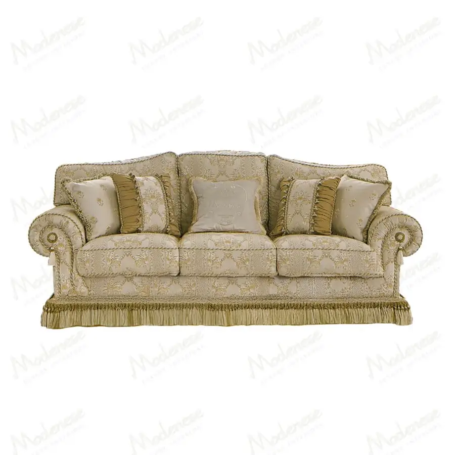 Distinguished Modenese Royal Blend sofa with cream and gold fabric displaying intricate floral patterns and refined tassel fringe