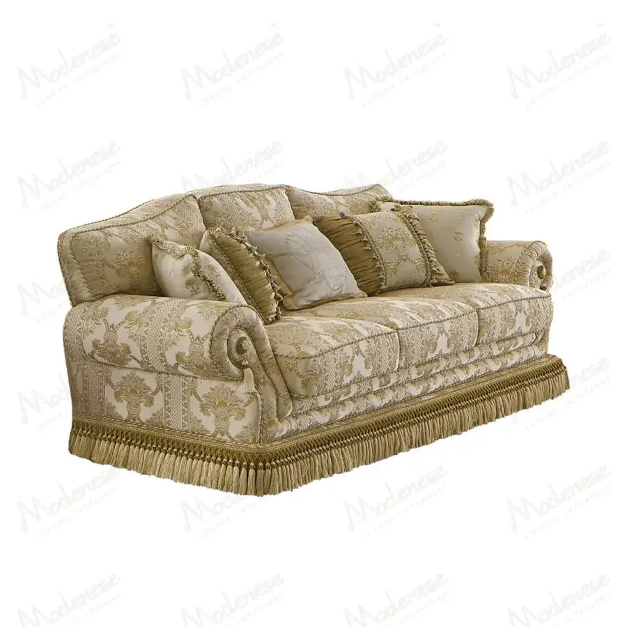 Exquisite Modenese Royal Blend sofa with opulent fabric displaying intricate golden patterns and refined tassel fringe