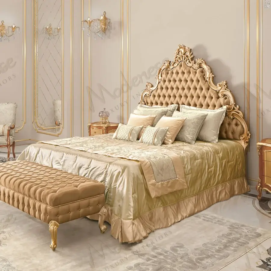 Superior Modenese Royal Blend bed upholstered in luminous champagne satin with gilded detailing and a curved silhouette