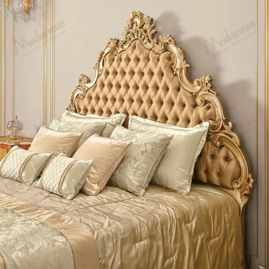 Lavish Modenese Royal Blend bed crafted in wood with a glossy golden sheen and luminous champagne satin upholstery