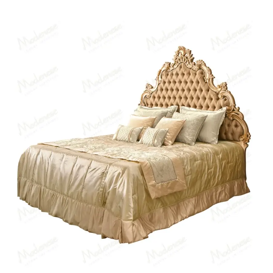 Distinguished Modenese Royal Blend bed crafted in golden wood with luminous champagne satin upholstery and carved details