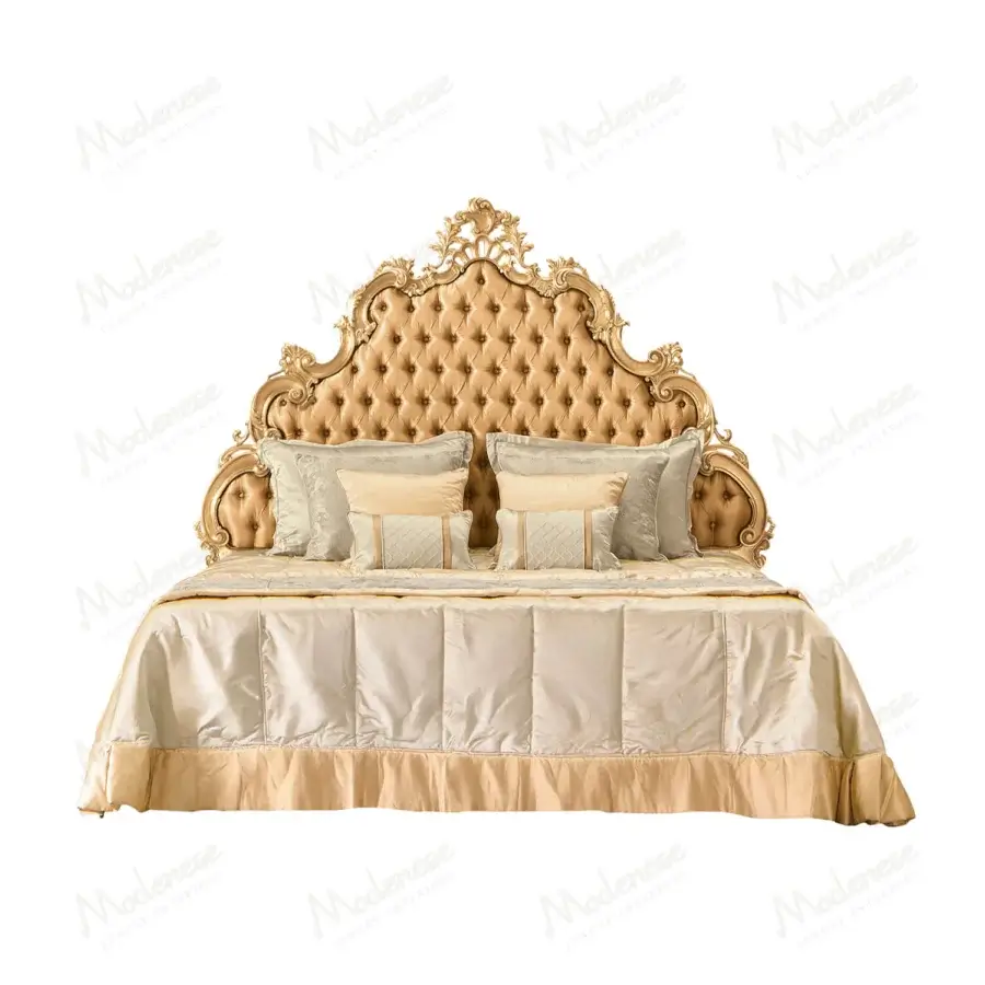 Exquisite Modenese Royal Blend bed upholstered in luminous champagne satin with gilded detailing and glossy wood frame