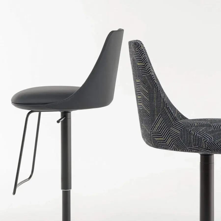 Exceptional Bonaldo Itala Too stool with patterned fabric upholstery in gray and gold tones and a metal base