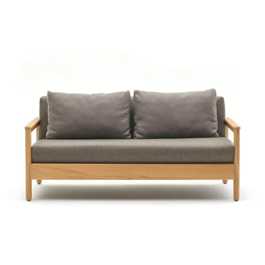 Distinguished Varaschin Bali sofa with comfortable gray textile cushions and plantation-certified solid teak frame