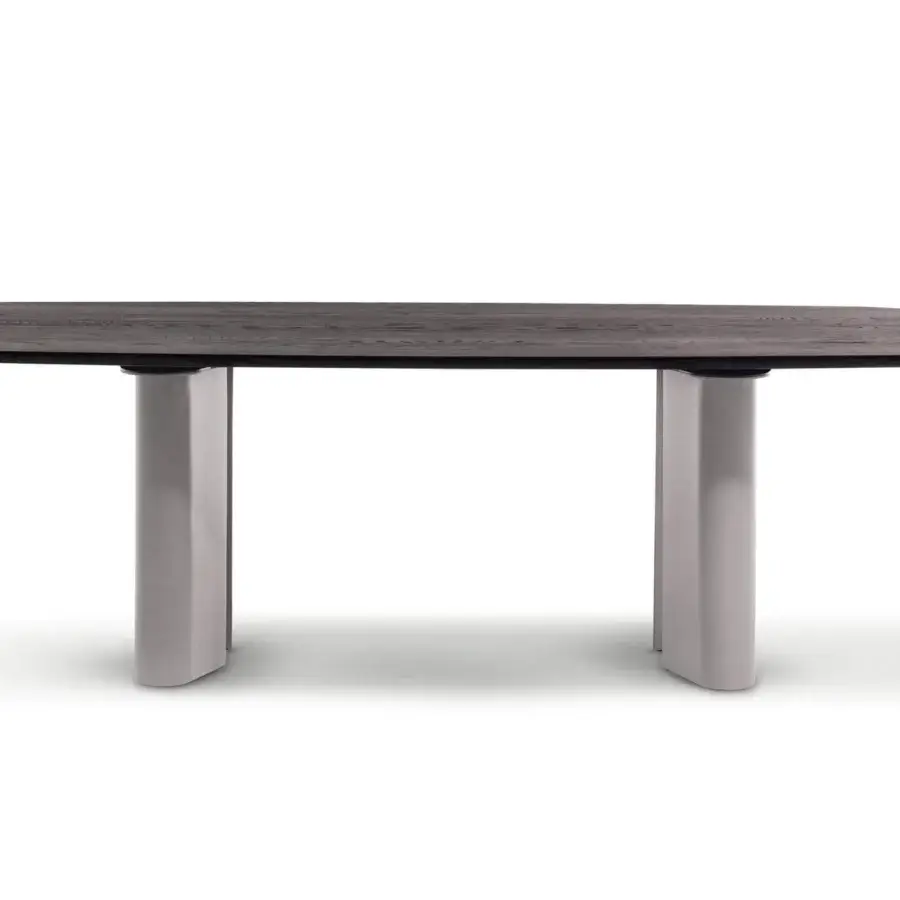 Superior Bonaldo Geometric table with dark wood tabletop and light gray painted aluminum teardrop legs