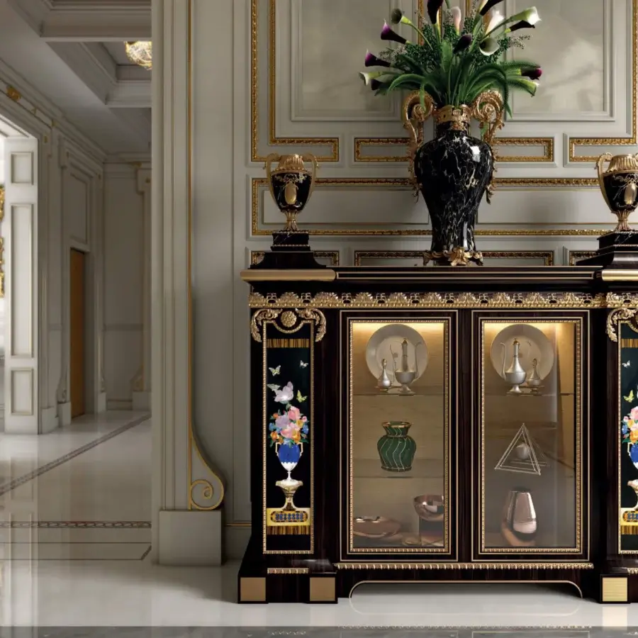 Exceptional Armando Rho A1399 cabinet handcrafted in deep ebony with brass inlays and vibrant semi-precious stone inserts for a glossy finish