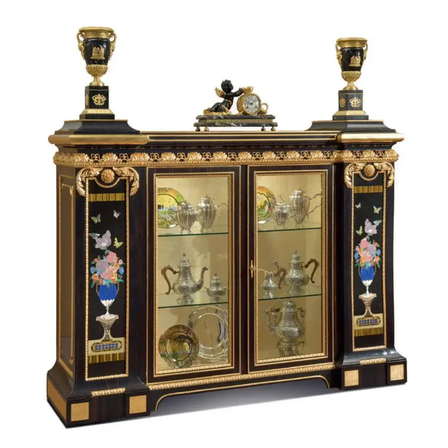 Distinguished Armando Rho A1399 cabinet crafted in ebony with brass inlays and precious stone inserts