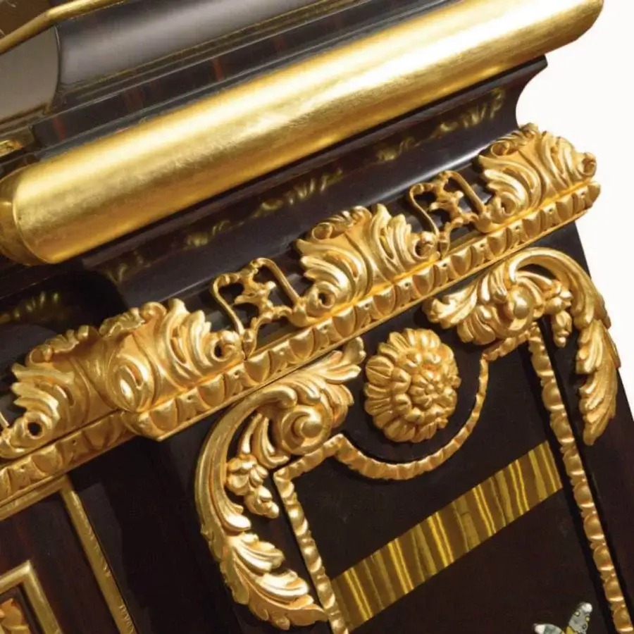 Lavish Armando Rho A1399 cabinet handcrafted in ebony with brass inlays and precious stone accents exhibiting a high-gloss sheen