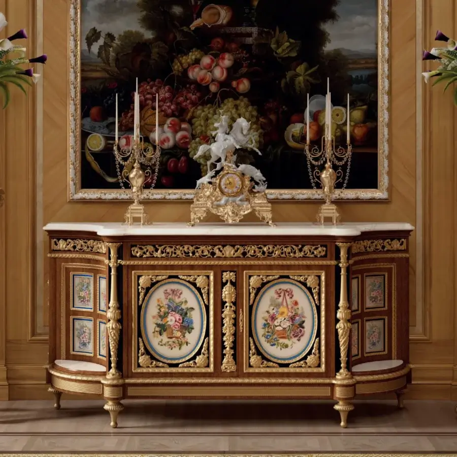 Lavish Armando Rho A1394 sideboard crafted in bois de rose and amaranth wood with gold leaf detailing and glossy finish