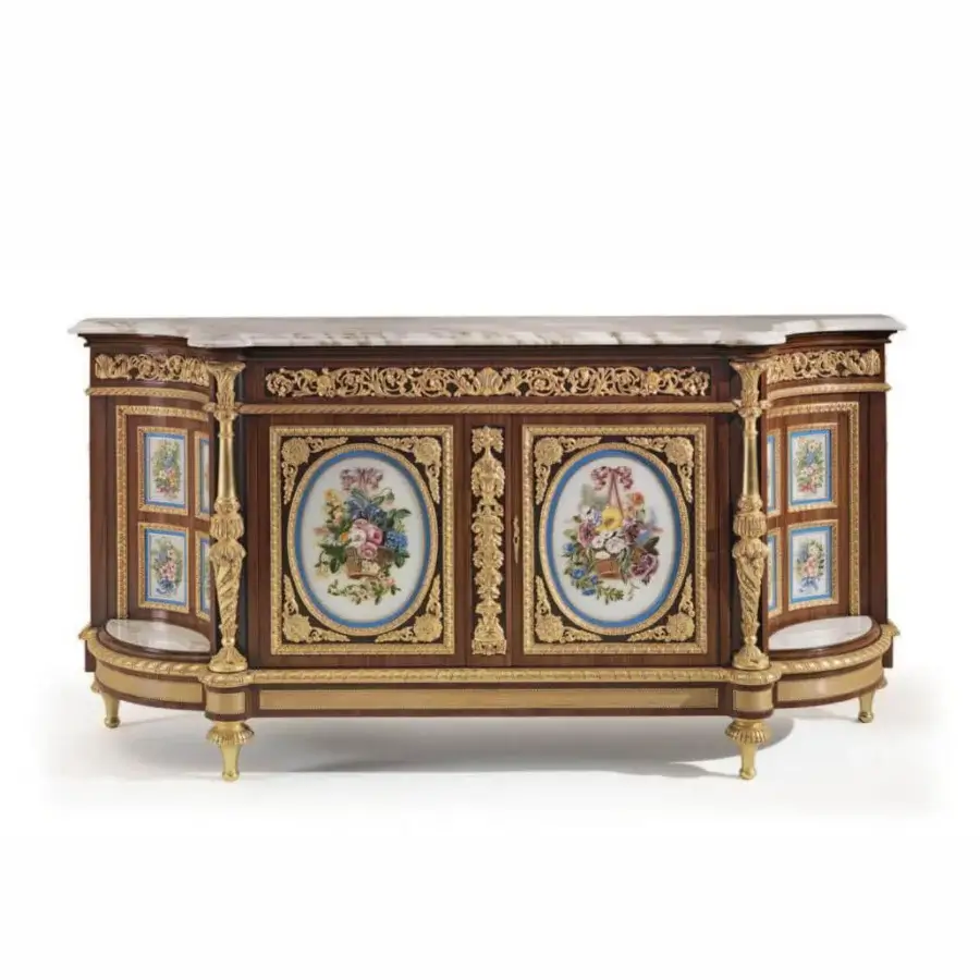 Superior Armando Rho A1394 sideboard crafted in bois de rose and amaranth wood with white glass inserts and Calacatta Gold marble top