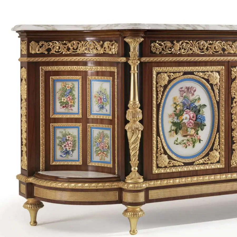 Distinguished Armando Rho A1394 sideboard crafted in bois de rose and amaranth wood with gold leaf detailing and Calacatta Gold marble