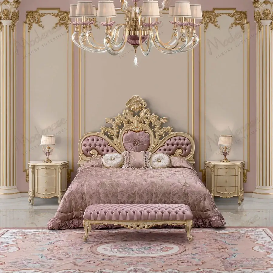 Lavish Modenese Pink royal bed crafted in pink satin with gilded accents and artfully executed capitonné detailing