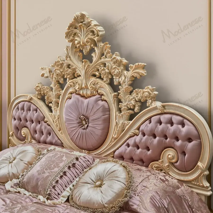 Superior Modenese Pink royal bed crafted in pink satin with ornate gold-toned detailing and glossy finish